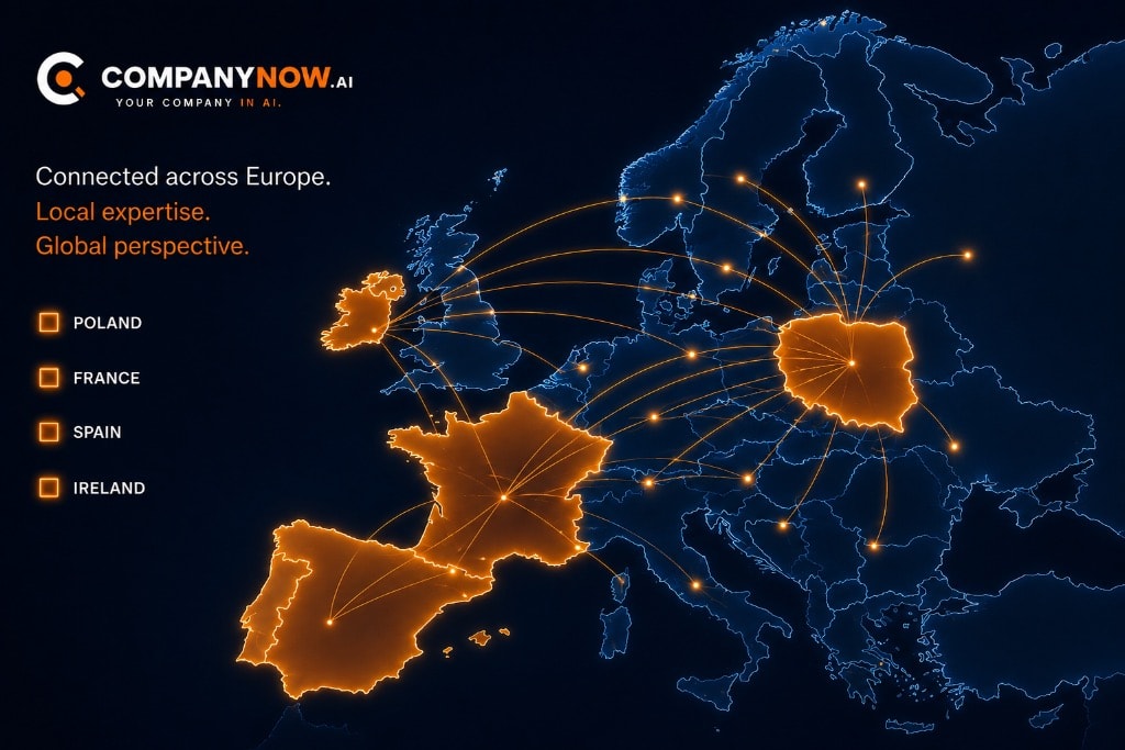 Mapa Europy — CompanyNow: Gdynia, Dublin, Madryt, Paryż